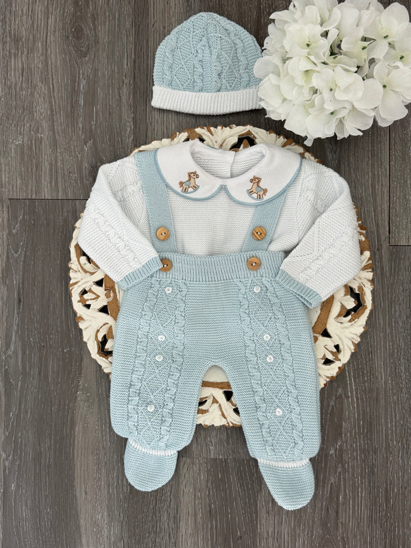 Rocking Horse Collar Double Suspender Buttons Knit Romper in Sky Blue and White
