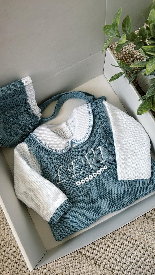 Cable Knit Suspenders Knitted Romper White and Blue