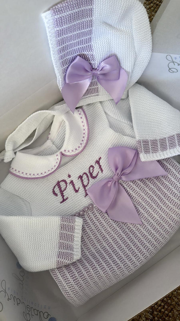 Delicate Knit Dot Line With Side Satin Bow Baby Romper in White and Purple