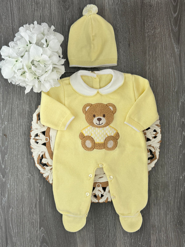 Teddy Hugs Baby Knit Romper in Yellow