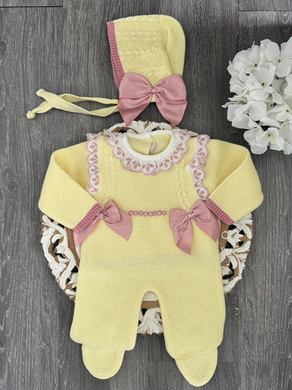 Rose Petal Lace Knit Romper Set in Yellow and Old Pink