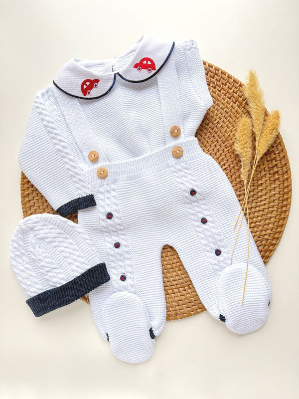 Toy Car Romper Knit Set in White And Navy Blue