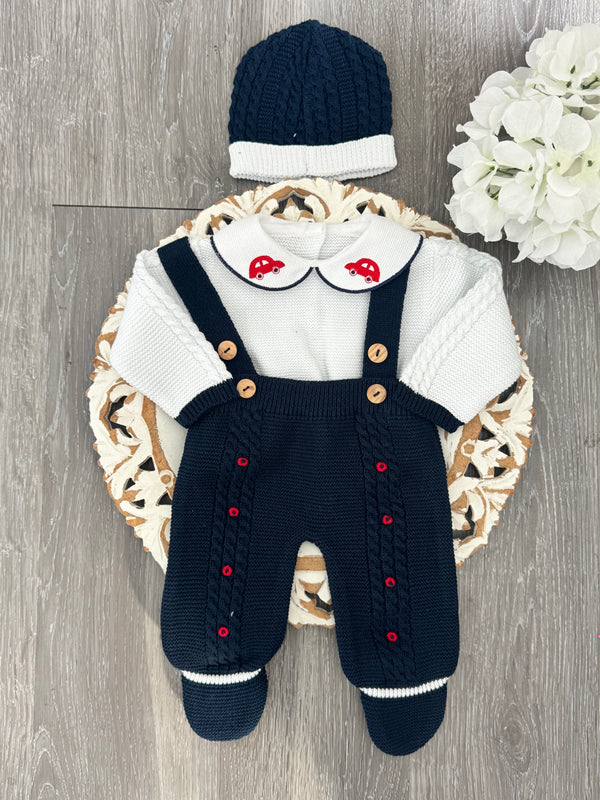 Toy Car Romper Knit Set in Navy Blue
