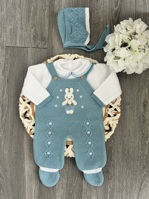 Star Bunny Romper Knit Set In Blue and White