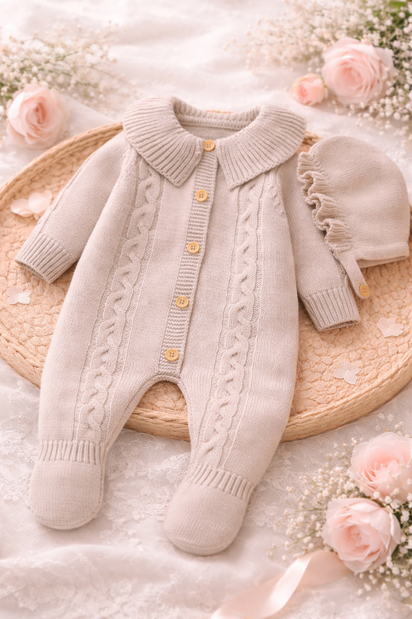 Cable Knit Romper With Delicate Collar Set in Sand Color