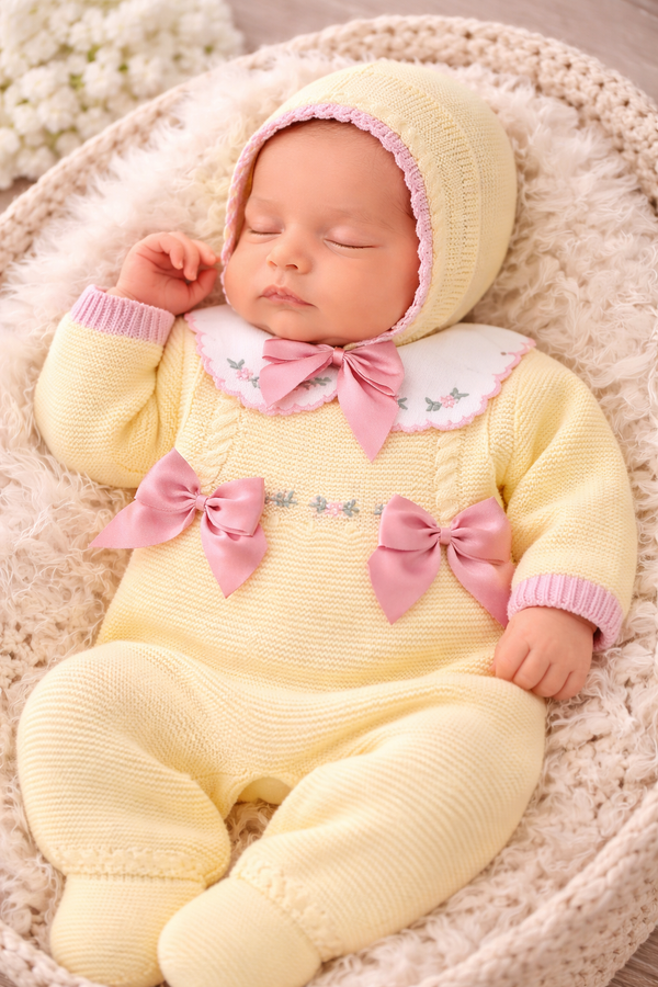 Gardenias Collar Knit Romper in Yellow and Old Pink
