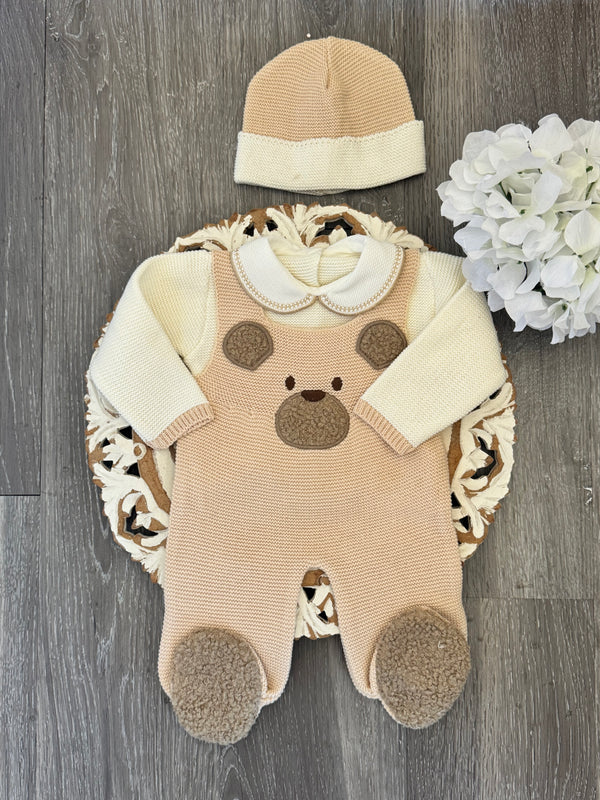 Bear Footie Knit Romper In Ochre and Ivory