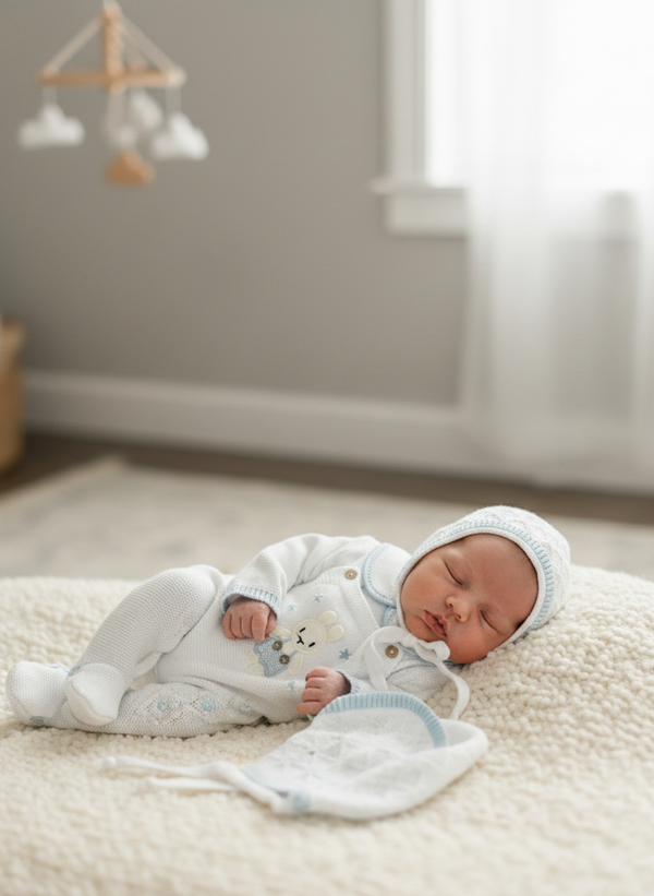 Star Bunny Romper Knit Set In White and Sky Blue