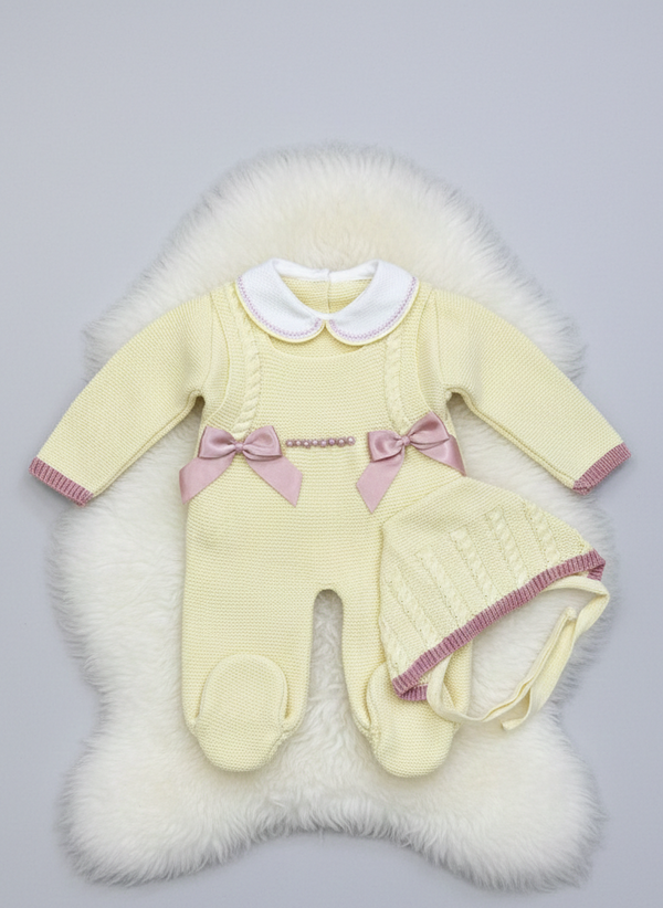Double Bow Cable Knit Suspenders Romper Set in Yellow and Old Pink