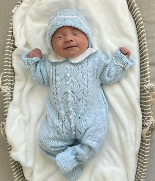 Delicate Openwork Espiga Knit Romper in Sky Blue