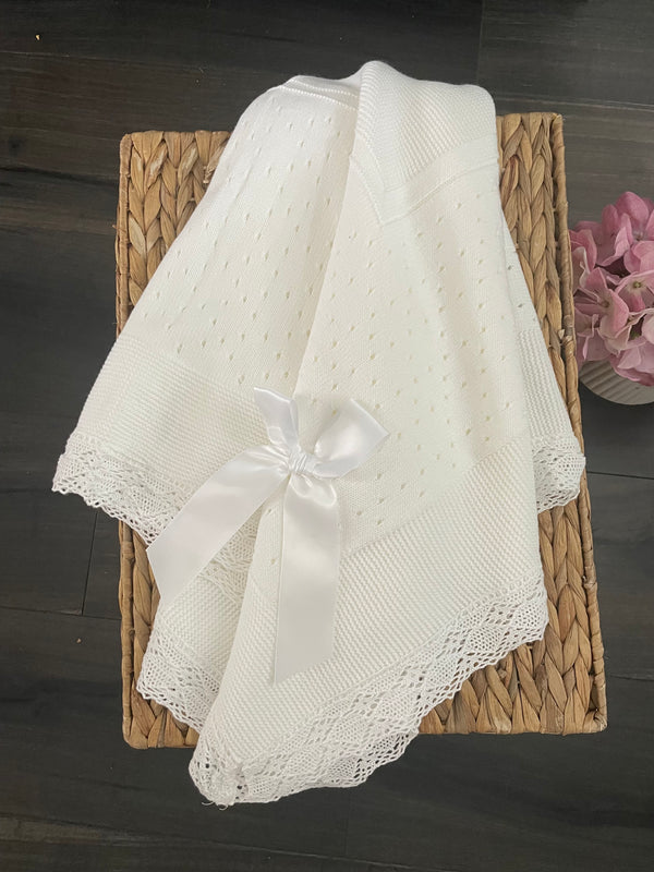 White Baby Knit Blanket With Embroidered Lace Details And Satin Bow