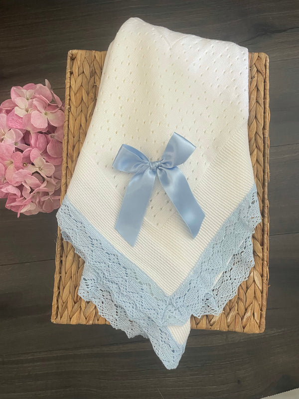 White  Baby Knitted Blanket With Embroidered Lace Details And Satin Bow