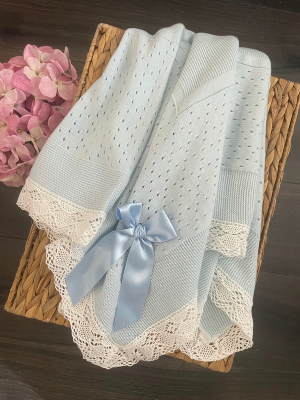 Blue Knit Blanket With Embroidered Lace Details And Satin Bow