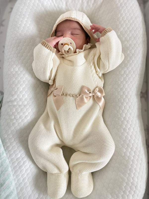 Double Bow Cable Knit Suspenders Romper Set In Ivory
